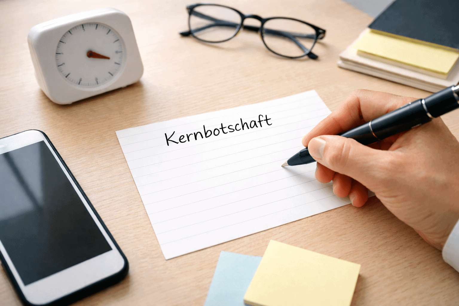 Karteikarte mit dem Wort Kernbotschaft als Vorbereitung für ein klares Statement